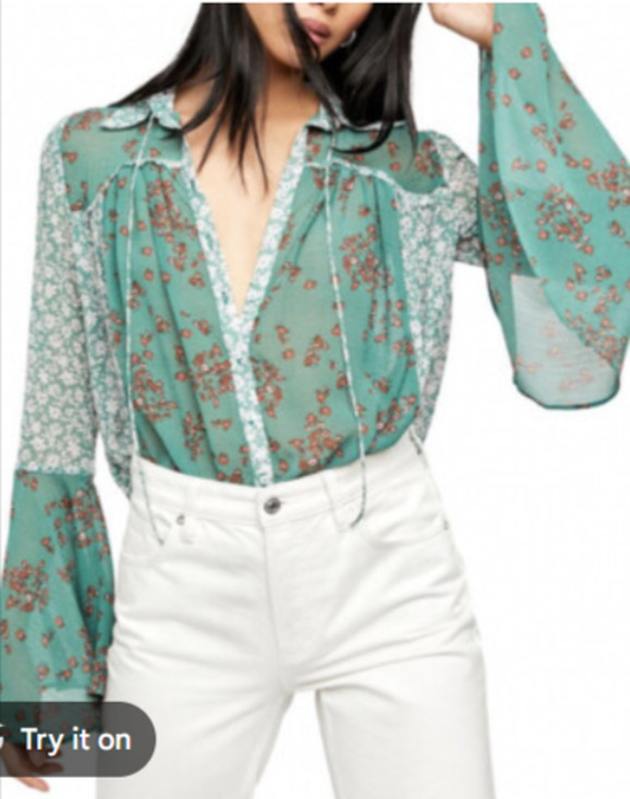 Free People Tops - Free People Serena Floral Blouse Emerald Green Bell Sleeve Boho Top Size M 6-10